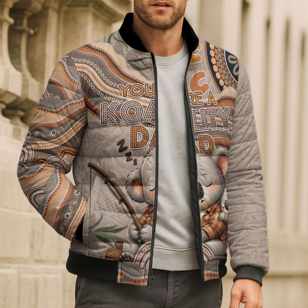 Personalised Australia Father's Day Bomber Puffer Jacket Koality Dad Fishing Aboriginal Dot Art