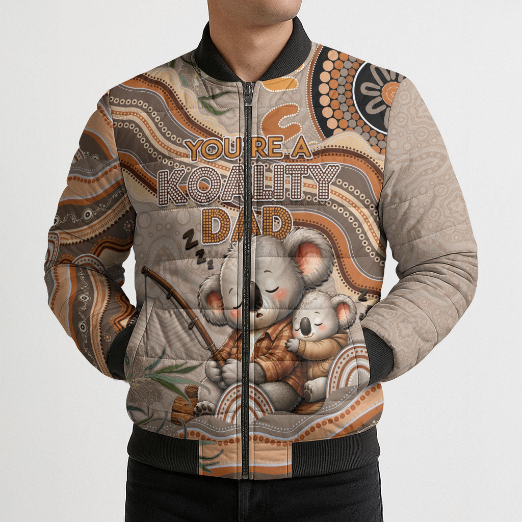 Personalised Australia Father's Day Bomber Puffer Jacket Koality Dad Fishing Aboriginal Dot Art