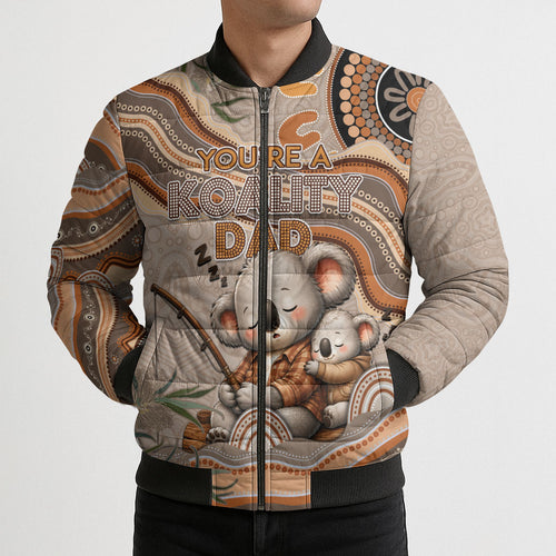 Personalised Australia Father's Day Bomber Puffer Jacket Koality Dad Fishing Aboriginal Dot Art