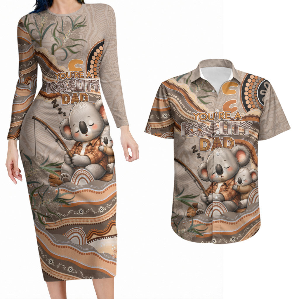 Personalised Australia Father's Day Couples Matching Long Sleeve Bodycon Dress and Hawaiian Shirt Koality Dad Fishing Aboriginal Dot Art
