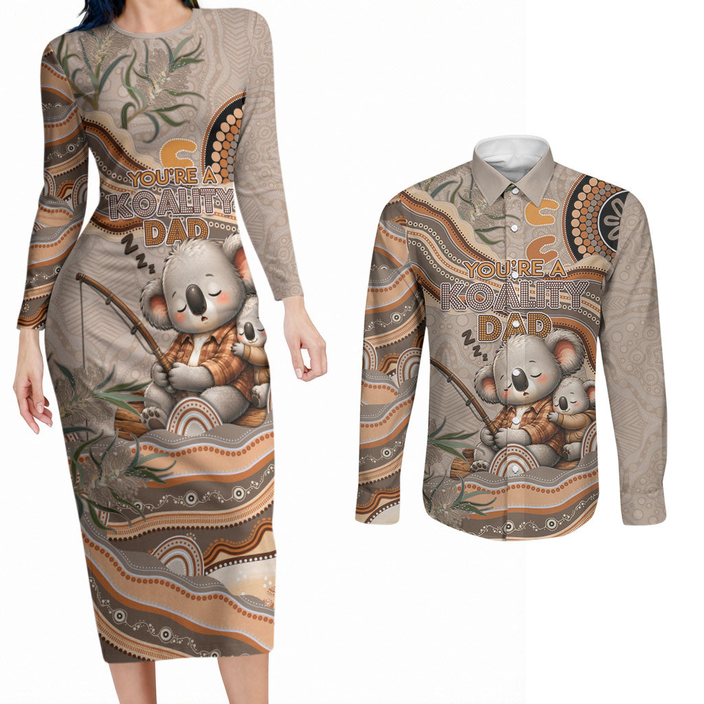 Personalised Australia Father's Day Couples Matching Long Sleeve Bodycon Dress and Long Sleeve Button Shirt Koality Dad Fishing Aboriginal Dot Art
