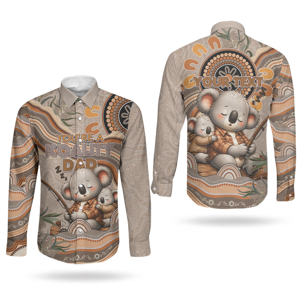 Personalised Australia Father's Day Couples Matching Long Sleeve Bodycon Dress and Long Sleeve Button Shirt Koality Dad Fishing Aboriginal Dot Art