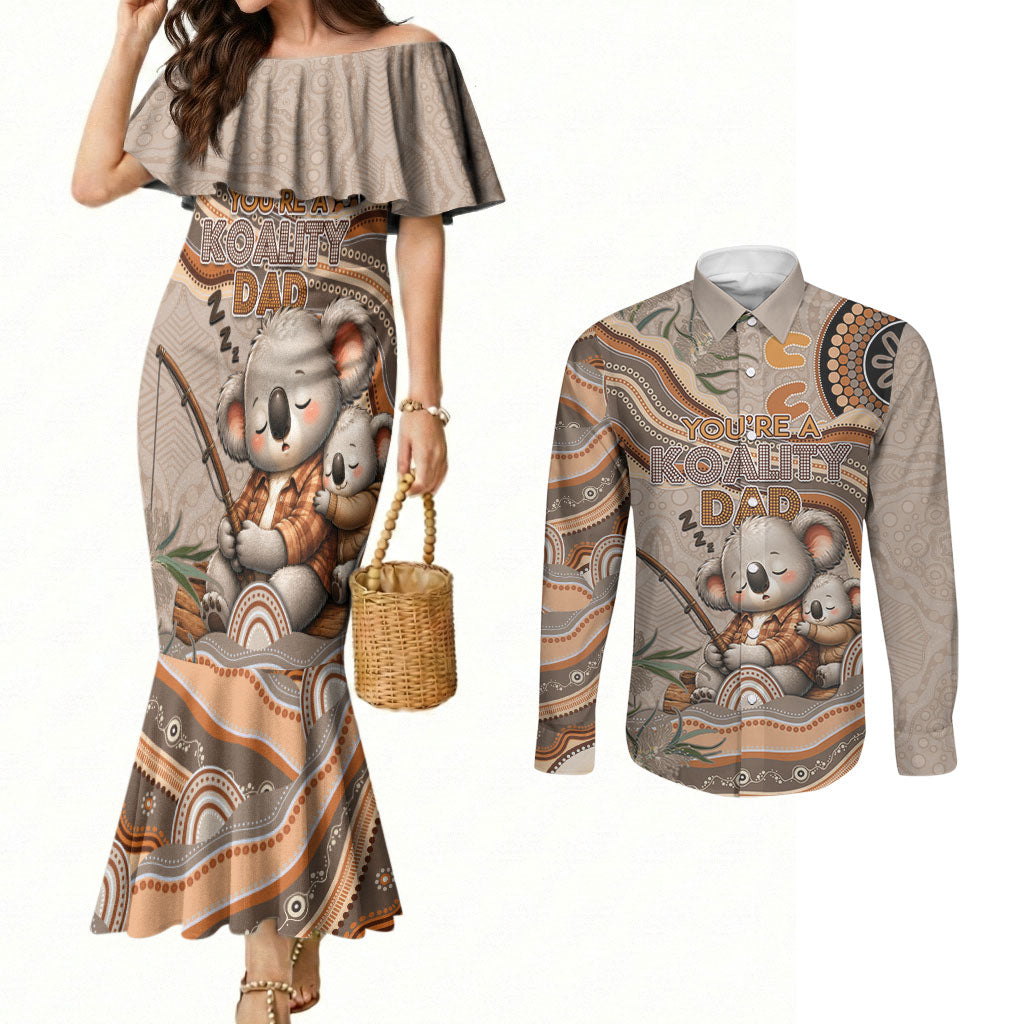Personalised Australia Father's Day Couples Matching Mermaid Dress and Long Sleeve Button Shirt Koality Dad Fishing Aboriginal Dot Art
