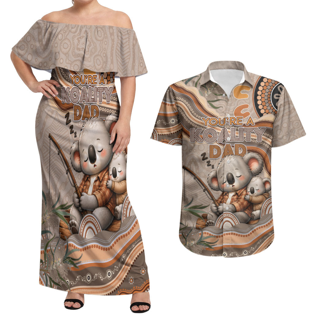 Personalised Australia Father's Day Couples Matching Off Shoulder Maxi Dress and Hawaiian Shirt Koality Dad Fishing Aboriginal Dot Art