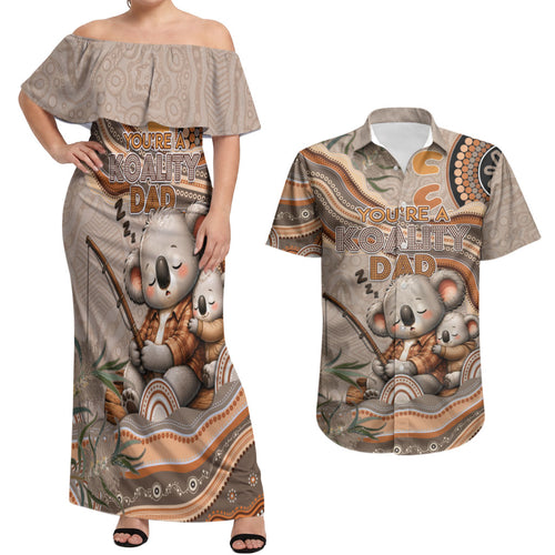 Personalised Australia Father's Day Couples Matching Off Shoulder Maxi Dress and Hawaiian Shirt Koality Dad Fishing Aboriginal Dot Art