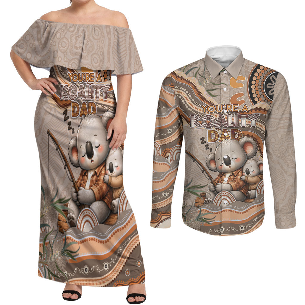 Personalised Australia Father's Day Couples Matching Off Shoulder Maxi Dress and Long Sleeve Button Shirt Koality Dad Fishing Aboriginal Dot Art