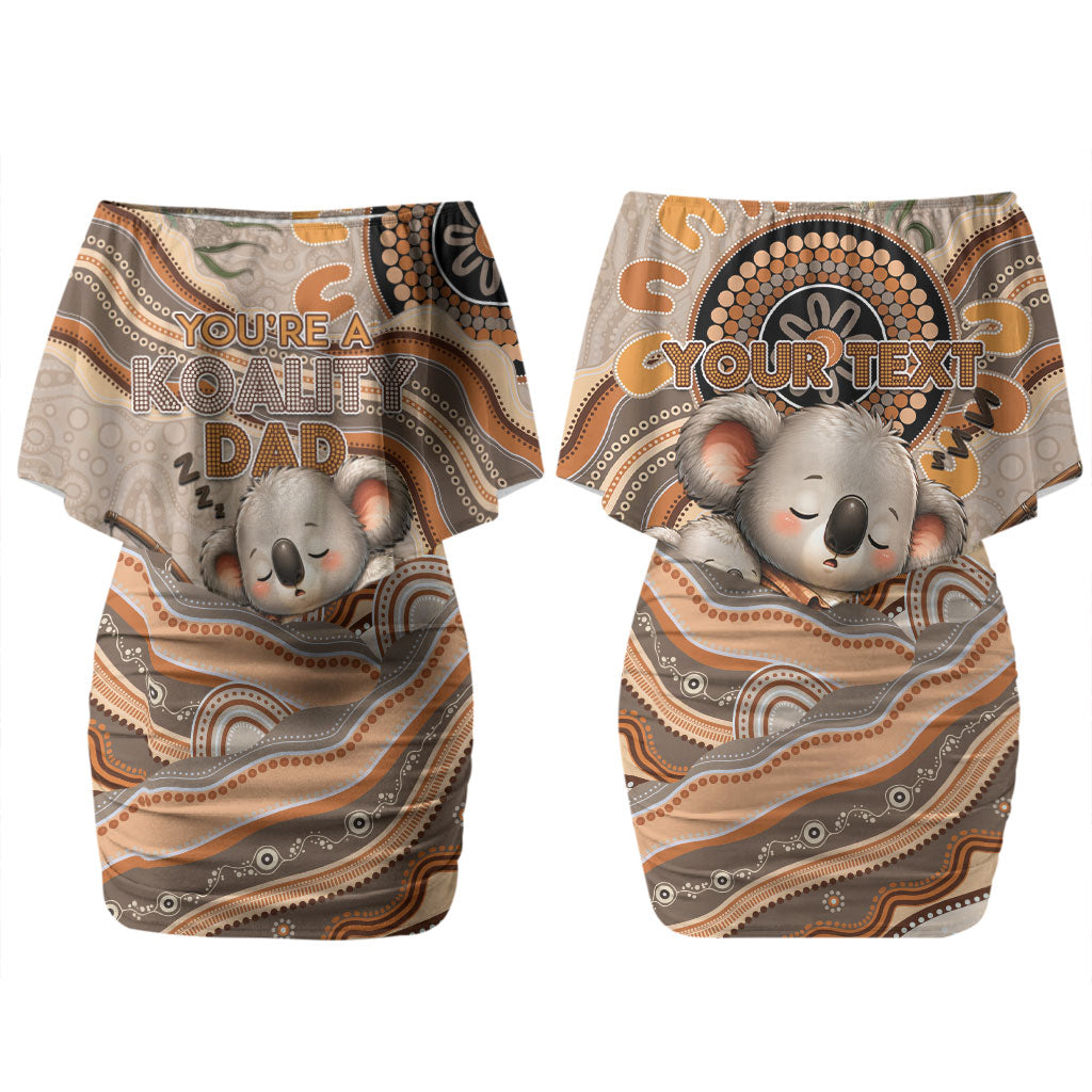 Personalised Australia Father's Day Couples Matching Off Shoulder Short Dress and Hawaiian Shirt Koality Dad Fishing Aboriginal Dot Art