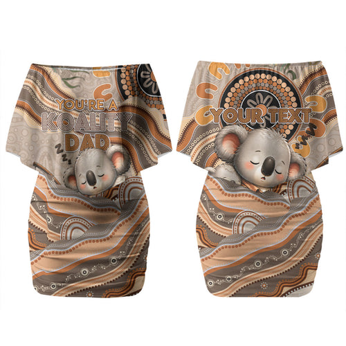 Personalised Australia Father's Day Couples Matching Off Shoulder Short Dress and Hawaiian Shirt Koality Dad Fishing Aboriginal Dot Art