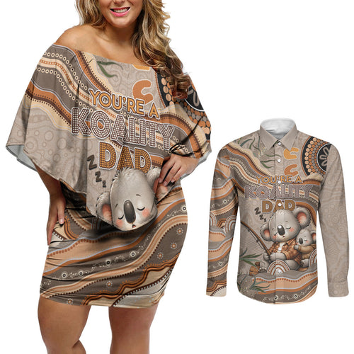 Personalised Australia Father's Day Couples Matching Off Shoulder Short Dress and Long Sleeve Button Shirt Koality Dad Fishing Aboriginal Dot Art