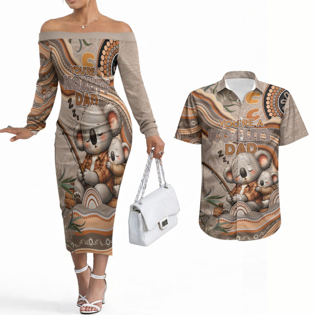 Personalised Australia Father's Day Couples Matching Off The Shoulder Long Sleeve Dress and Hawaiian Shirt Koality Dad Fishing Aboriginal Dot Art