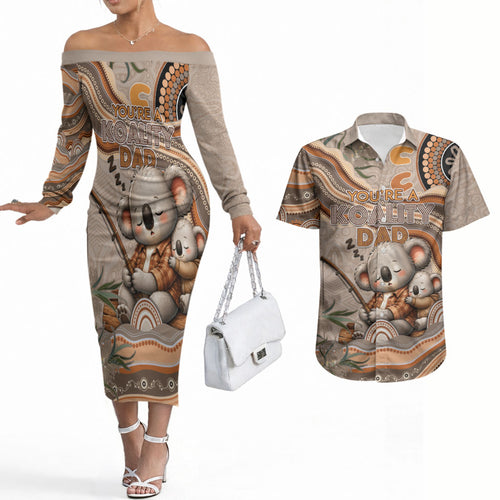 Personalised Australia Father's Day Couples Matching Off The Shoulder Long Sleeve Dress and Hawaiian Shirt Koality Dad Fishing Aboriginal Dot Art