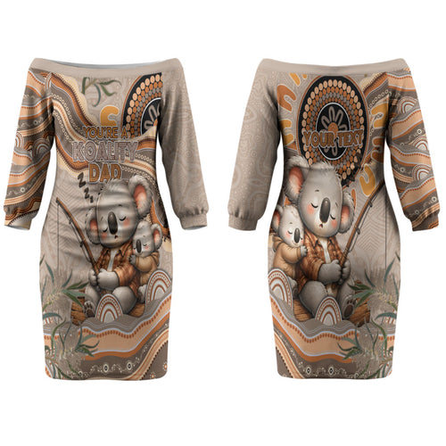 Personalised Australia Father's Day Couples Matching Off The Shoulder Long Sleeve Dress and Hawaiian Shirt Koality Dad Fishing Aboriginal Dot Art