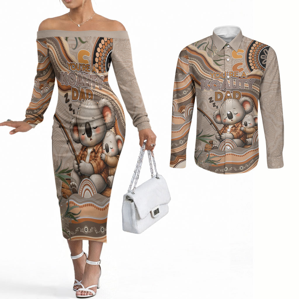 Personalised Australia Father's Day Couples Matching Off The Shoulder Long Sleeve Dress and Long Sleeve Button Shirt Koality Dad Fishing Aboriginal Dot Art