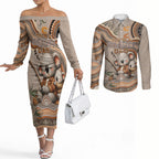 Personalised Australia Father's Day Couples Matching Off The Shoulder Long Sleeve Dress and Long Sleeve Button Shirt Koality Dad Fishing Aboriginal Dot Art