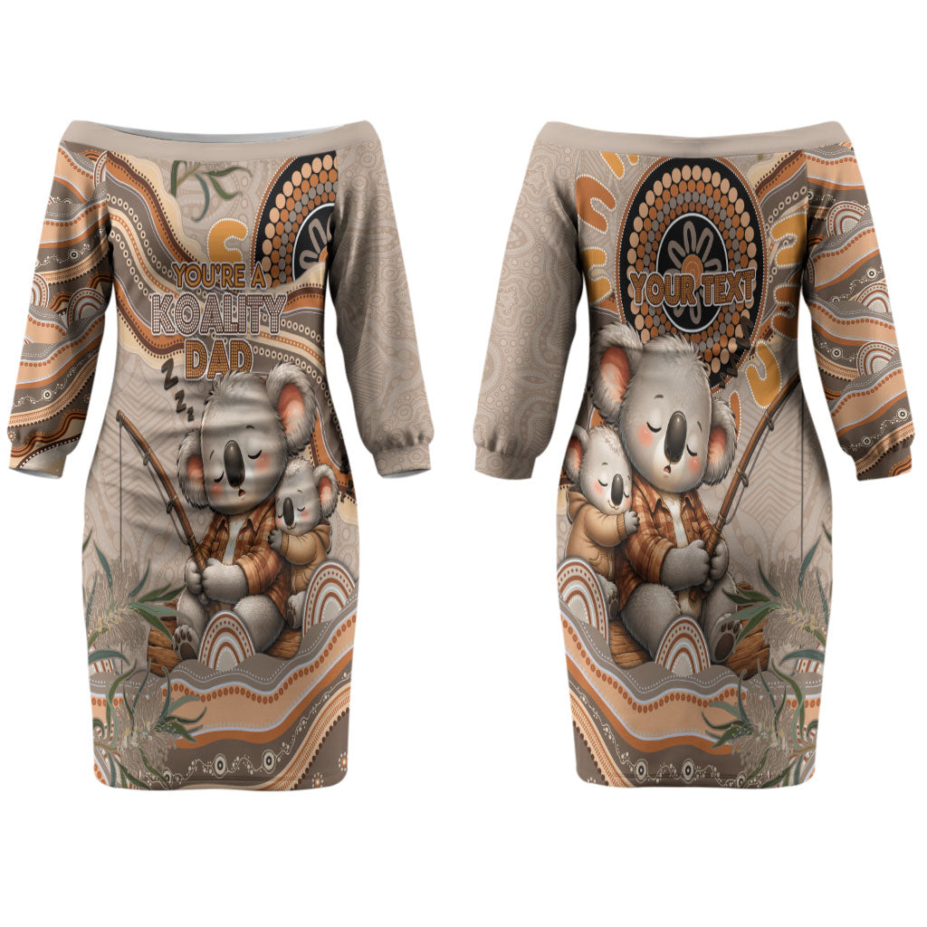Personalised Australia Father's Day Couples Matching Off The Shoulder Long Sleeve Dress and Long Sleeve Button Shirt Koality Dad Fishing Aboriginal Dot Art