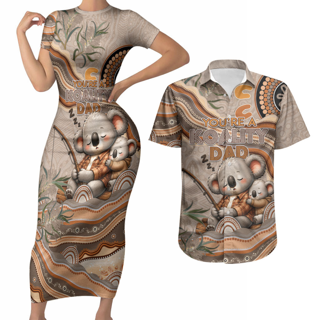 Personalised Australia Father's Day Couples Matching Short Sleeve Bodycon Dress and Hawaiian Shirt Koality Dad Fishing Aboriginal Dot Art