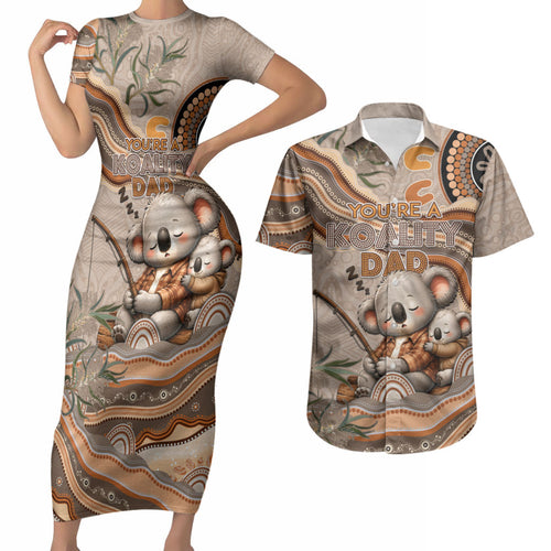 Personalised Australia Father's Day Couples Matching Short Sleeve Bodycon Dress and Hawaiian Shirt Koality Dad Fishing Aboriginal Dot Art
