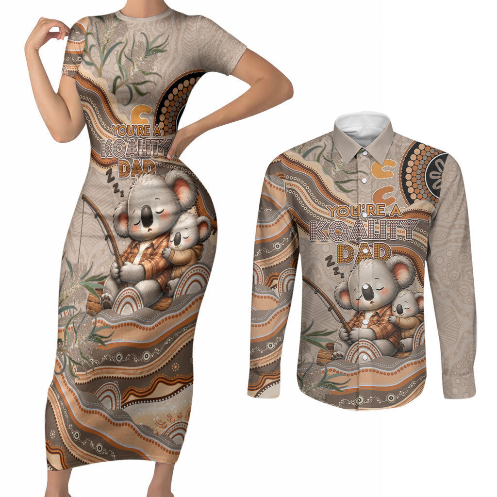 Personalised Australia Father's Day Couples Matching Short Sleeve Bodycon Dress and Long Sleeve Button Shirt Koality Dad Fishing Aboriginal Dot Art