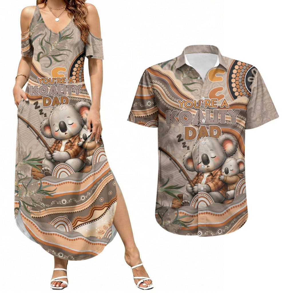 Personalised Australia Father's Day Couples Matching Summer Maxi Dress and Hawaiian Shirt Koality Dad Fishing Aboriginal Dot Art