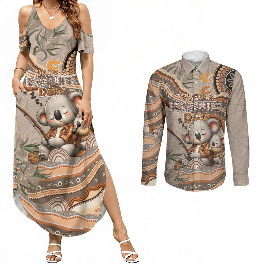 Personalised Australia Father's Day Couples Matching Summer Maxi Dress and Long Sleeve Button Shirt Koality Dad Fishing Aboriginal Dot Art