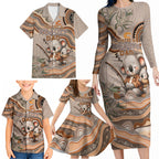 Personalised Australia Father's Day Family Matching Long Sleeve Bodycon Dress and Hawaiian Shirt Koality Dad Fishing Aboriginal Dot Art