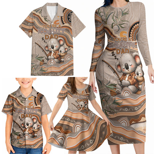 Personalised Australia Father's Day Family Matching Long Sleeve Bodycon Dress and Hawaiian Shirt Koality Dad Fishing Aboriginal Dot Art