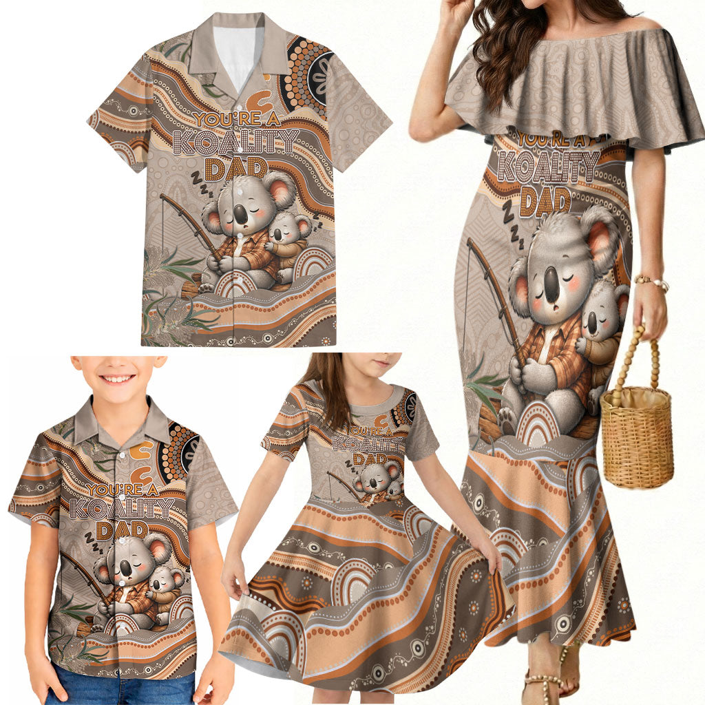 Personalised Australia Father's Day Family Matching Mermaid Dress and Hawaiian Shirt Koality Dad Fishing Aboriginal Dot Art