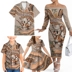 Personalised Australia Father's Day Family Matching Off The Shoulder Long Sleeve Dress and Hawaiian Shirt Koality Dad Fishing Aboriginal Dot Art