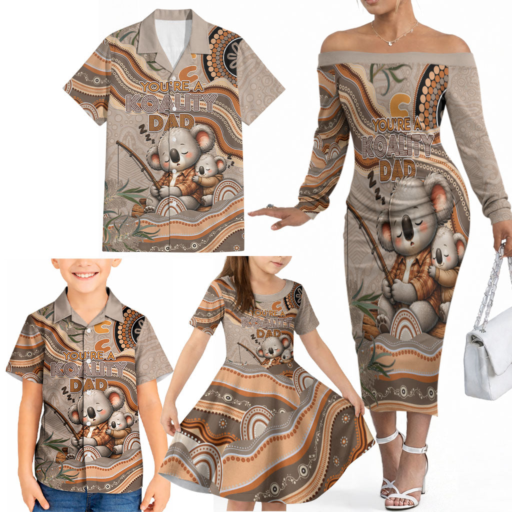 Personalised Australia Father's Day Family Matching Off The Shoulder Long Sleeve Dress and Hawaiian Shirt Koality Dad Fishing Aboriginal Dot Art