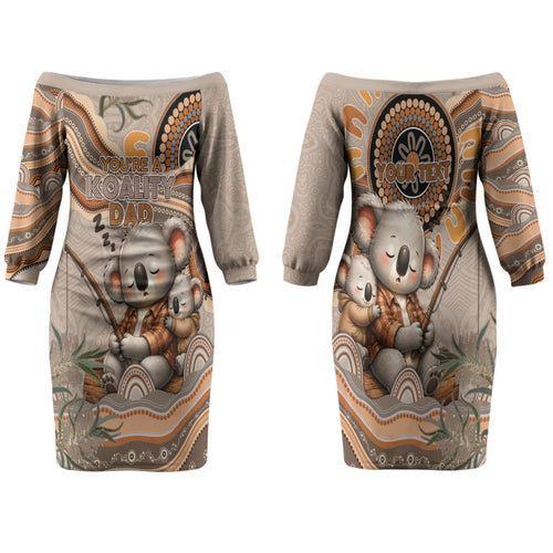 Personalised Australia Father's Day Family Matching Off The Shoulder Long Sleeve Dress and Hawaiian Shirt Koality Dad Fishing Aboriginal Dot Art