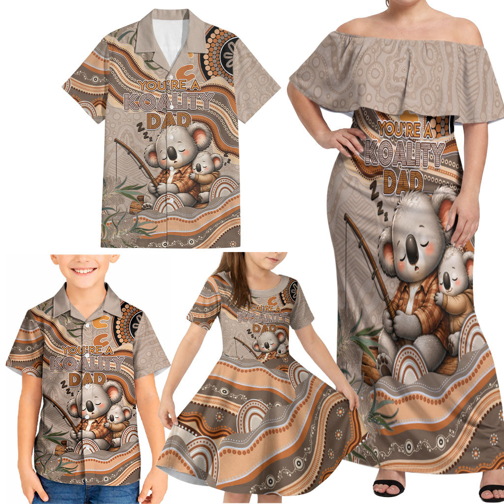 Personalised Australia Father's Day Family Matching Off Shoulder Maxi Dress and Hawaiian Shirt Koality Dad Fishing Aboriginal Dot Art