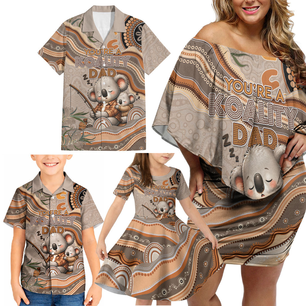 Personalised Australia Father's Day Family Matching Off Shoulder Short Dress and Hawaiian Shirt Koality Dad Fishing Aboriginal Dot Art