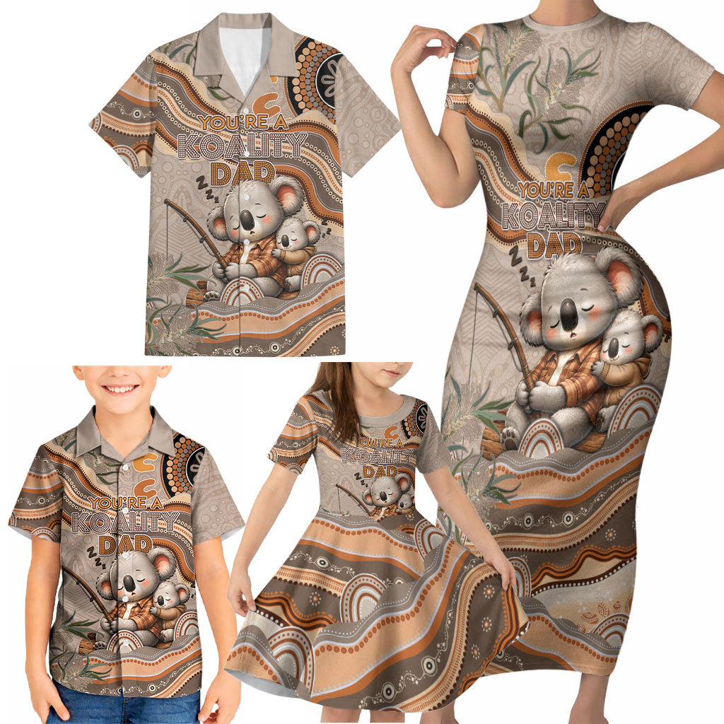 Personalised Australia Father's Day Family Matching Short Sleeve Bodycon Dress and Hawaiian Shirt Koality Dad Fishing Aboriginal Dot Art