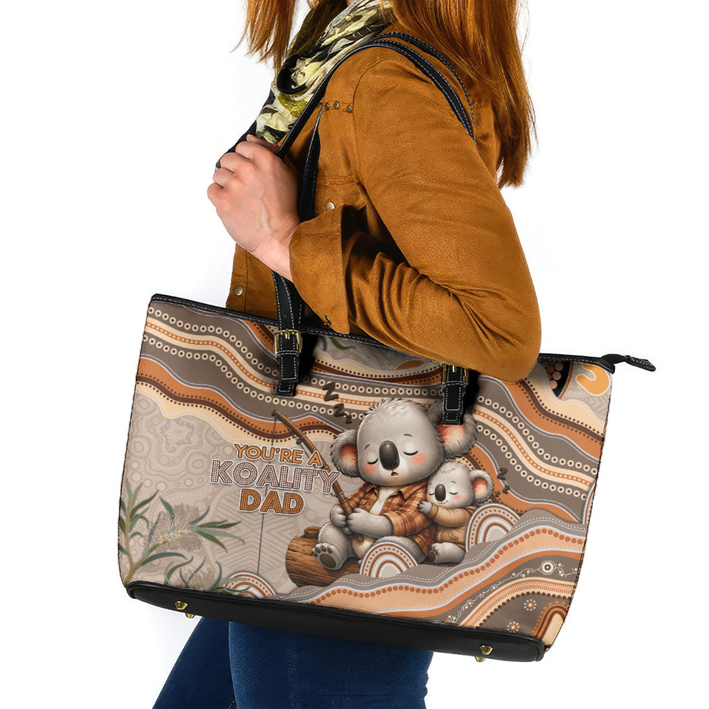 Australia Father's Day Leather Tote Bag Koality Dad Fishing Aboriginal Dot Art