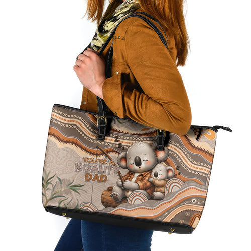 Australia Father's Day Leather Tote Bag Koality Dad Fishing Aboriginal Dot Art