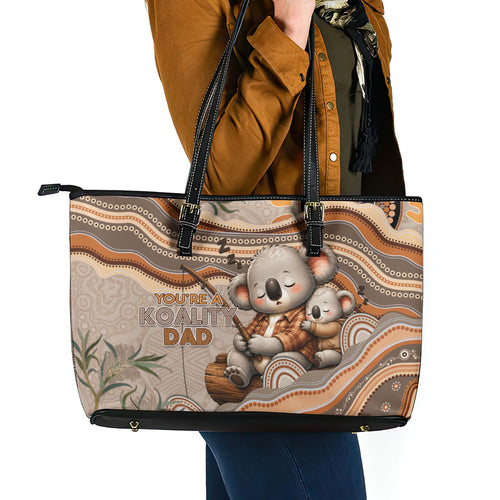 Australia Father's Day Leather Tote Bag Koality Dad Fishing Aboriginal Dot Art