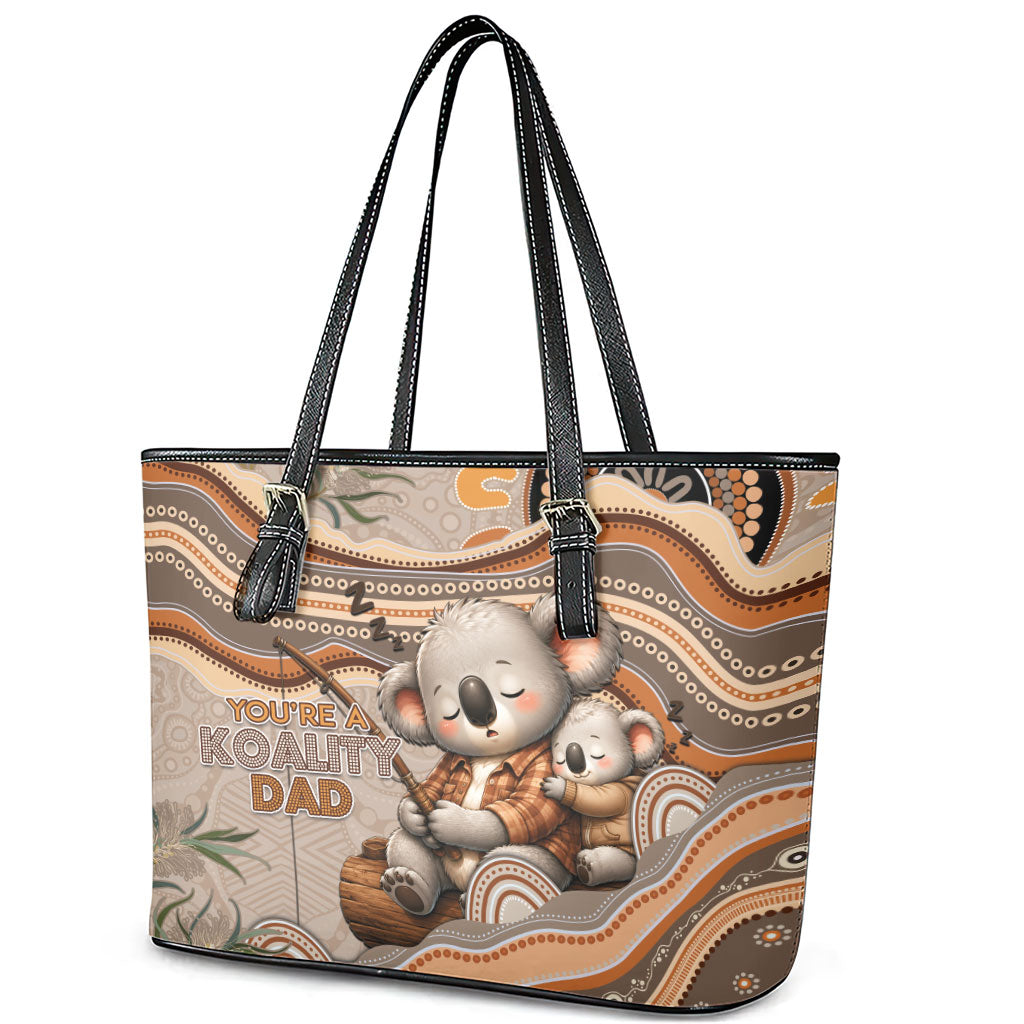 Australia Father's Day Leather Tote Bag Koality Dad Fishing Aboriginal Dot Art