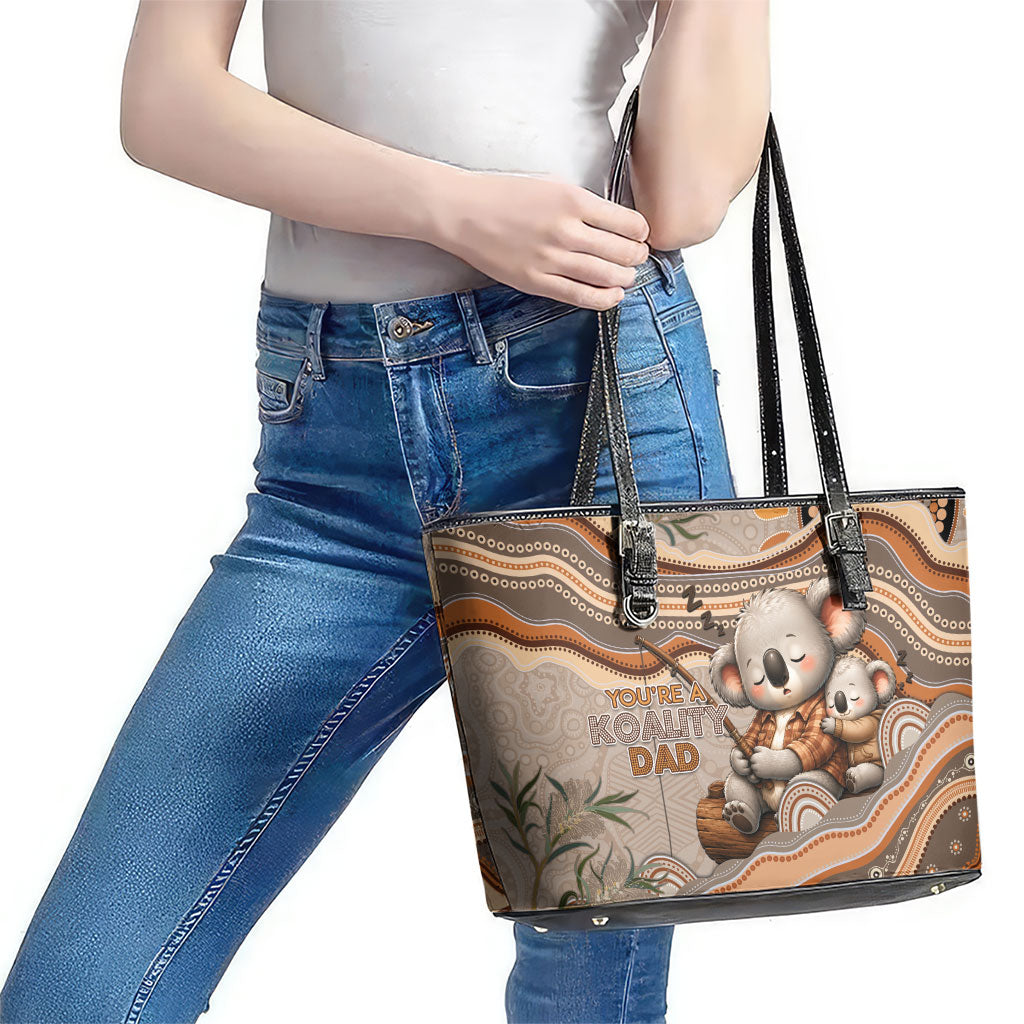 Australia Father's Day Leather Tote Bag Koality Dad Fishing Aboriginal Dot Art