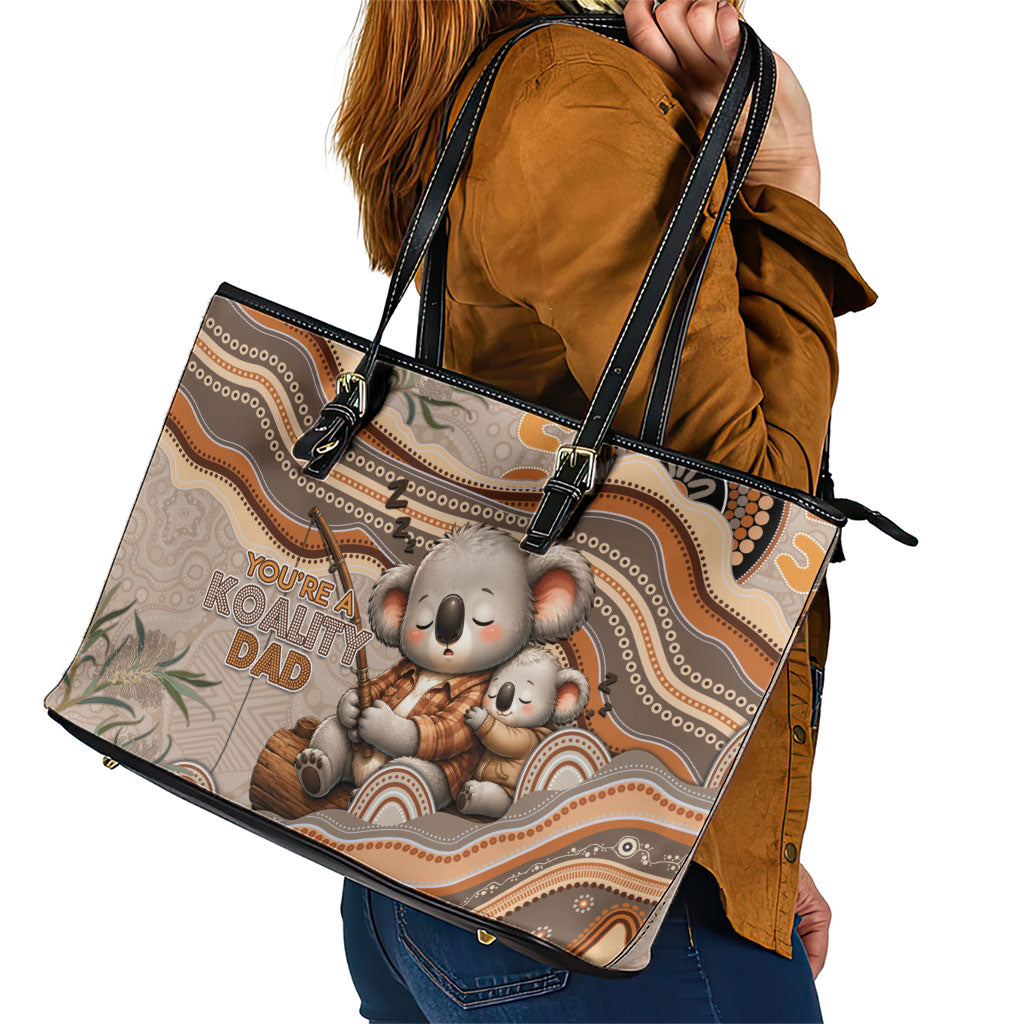 Australia Father's Day Leather Tote Bag Koality Dad Fishing Aboriginal Dot Art