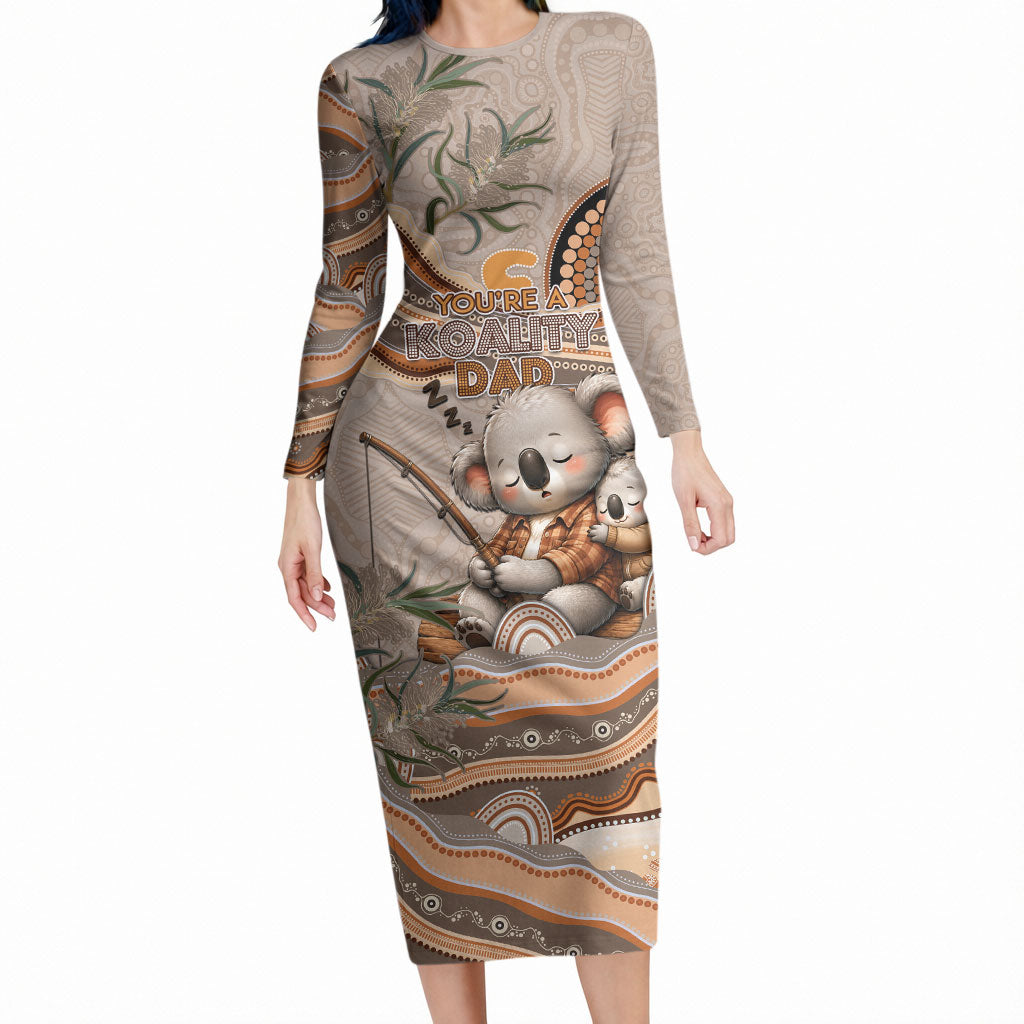 Personalised Australia Father's Day Long Sleeve Bodycon Dress Koality Dad Fishing Aboriginal Dot Art