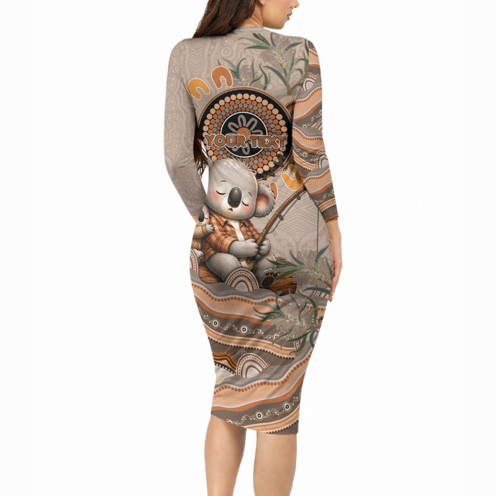Personalised Australia Father's Day Long Sleeve Bodycon Dress Koality Dad Fishing Aboriginal Dot Art