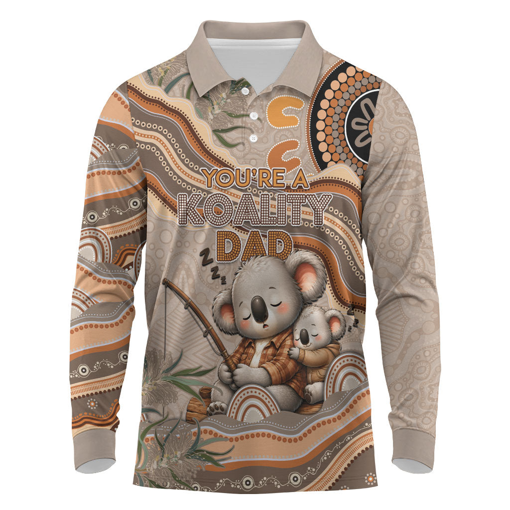 Personalised Australia Father's Day Long Sleeve Polo Shirt Koality Dad Fishing Aboriginal Dot Art