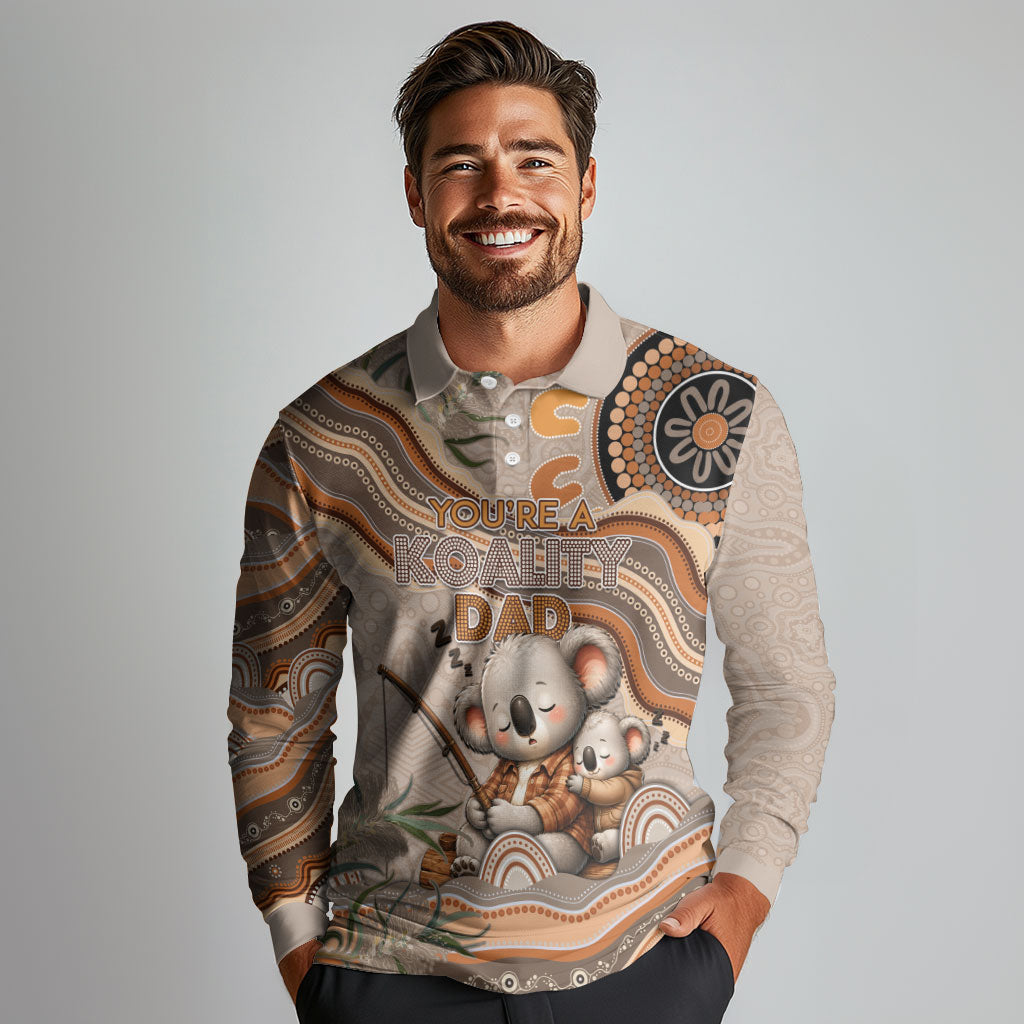 Personalised Australia Father's Day Long Sleeve Polo Shirt Koality Dad Fishing Aboriginal Dot Art