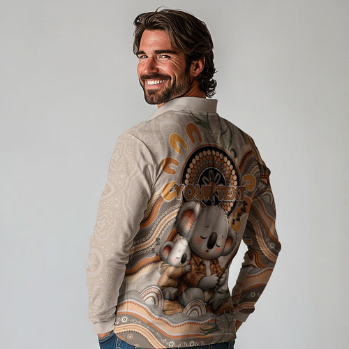 Personalised Australia Father's Day Long Sleeve Polo Shirt Koality Dad Fishing Aboriginal Dot Art