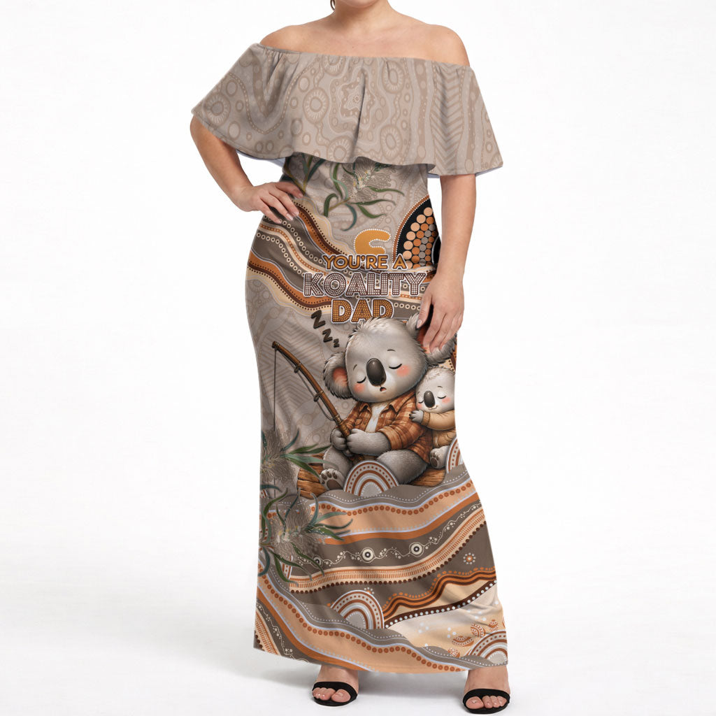Personalised Australia Father's Day Off Shoulder Maxi Dress Koality Dad Fishing Aboriginal Dot Art