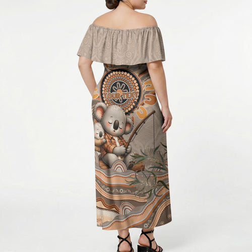Personalised Australia Father's Day Off Shoulder Maxi Dress Koality Dad Fishing Aboriginal Dot Art
