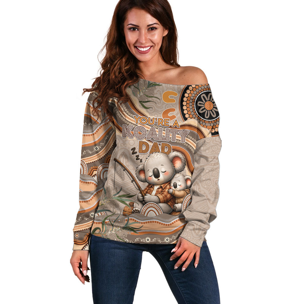 Personalised Australia Father's Day Off Shoulder Sweater Koality Dad Fishing Aboriginal Dot Art