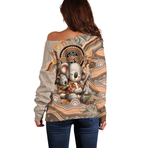 Personalised Australia Father's Day Off Shoulder Sweater Koality Dad Fishing Aboriginal Dot Art