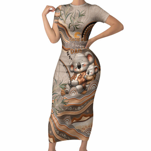Personalised Australia Father's Day Short Sleeve Bodycon Dress Koality Dad Fishing Aboriginal Dot Art