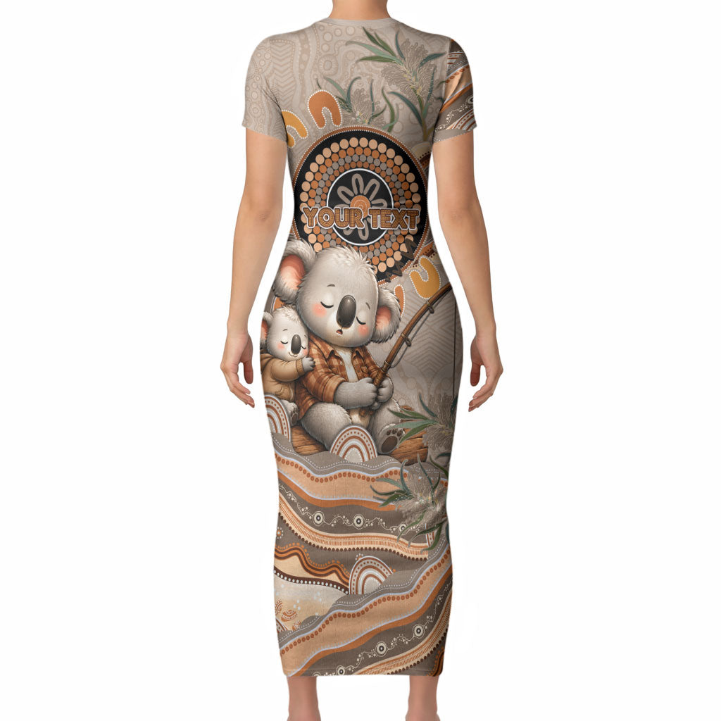 Personalised Australia Father's Day Short Sleeve Bodycon Dress Koality Dad Fishing Aboriginal Dot Art